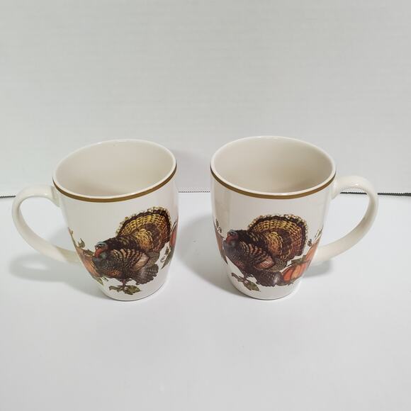 Pottery Barn Heritage Turkey Mugs Set of 2 Thanksgiving Coffee Stoneware Harvest - Picture 14 of 15